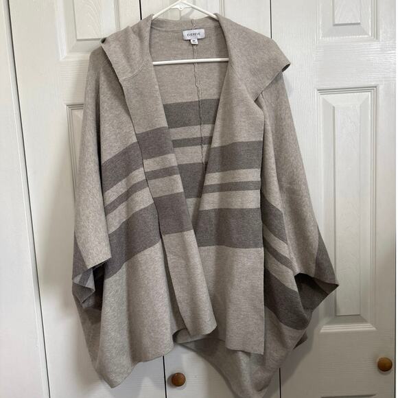 Evereve Rochelle Gray Striped Hooded Open Front Poncho Sweater M/L - Picture 2 of 10